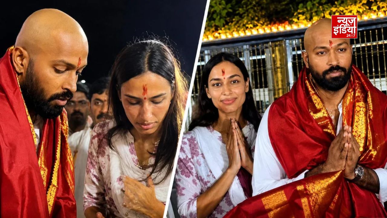मुंडे सिर और माथे पर तिलक के साथ मंदिर पहुंचे हार्दिक पंड्या, गर्लफ्रेंड माहिका भी आईं नजर